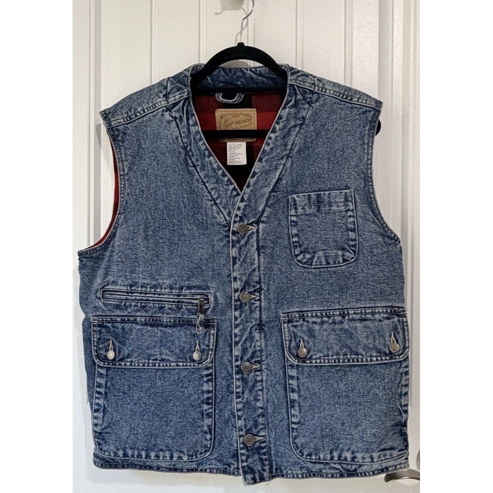 Vintage 90s GAP Denim Plaid Lined Trucker Jean Vest Deep Pockets Oversize Small
